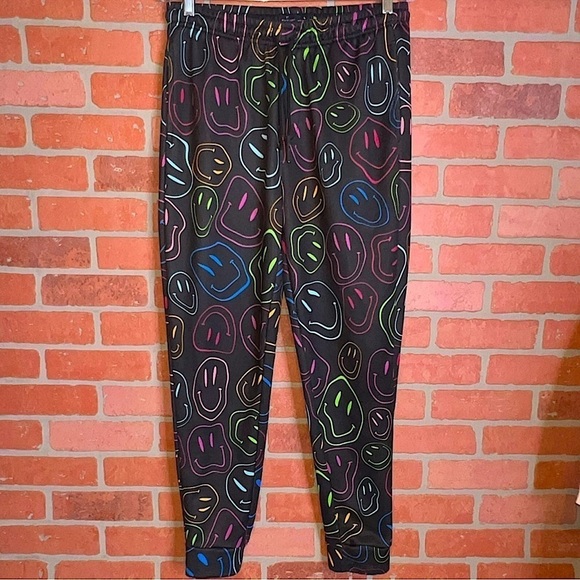 Public Record Pants L Jogger Sweats Smiley Face Graphic Black Neon Activewear - Picture 1 of 13